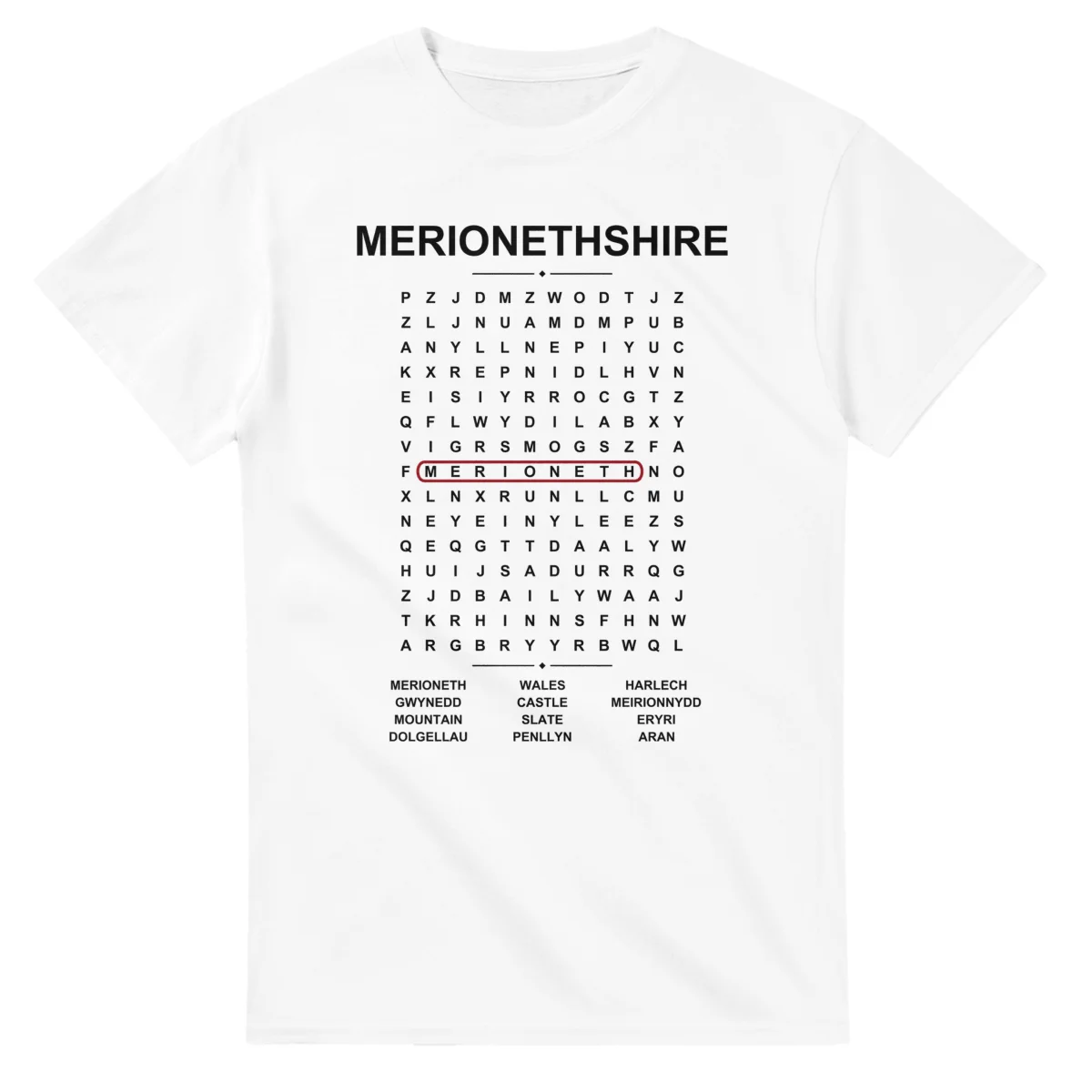 Word-search sheet for Merionethshire, with a large place-name heading, a letter grid, a local answer list, and a red highlighted example word.