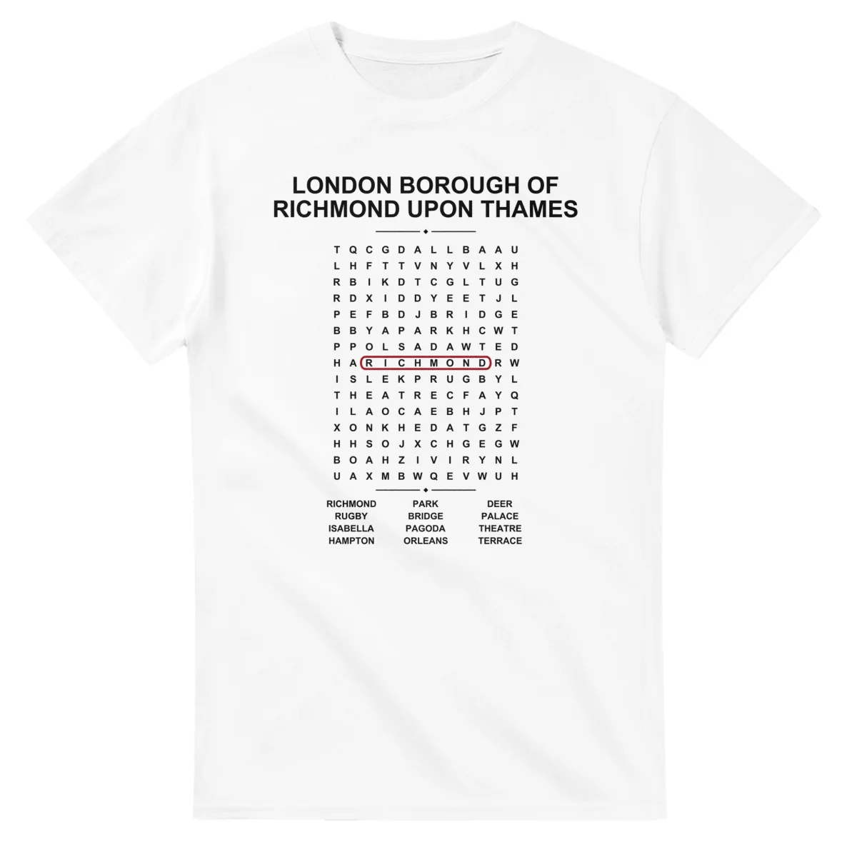 Word-search sheet for London Borough of Richmond upon Thames, with a large place-name heading, a letter grid, a local answer list, and a red highlighted example word.