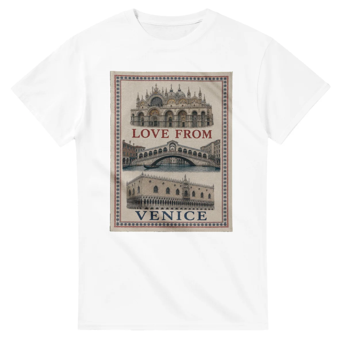 Framed scenic design for Venice, with several local views, a decorative border and LOVE FROM lettering.