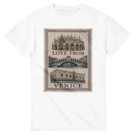 Framed scenic design for Venice, with several local views, a decorative border and LOVE FROM lettering.