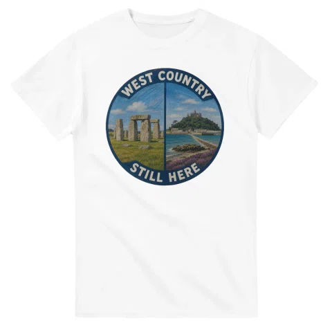 Painted, panelled scenic illustration for West Country, with paired local scenes and the place name in lettering.