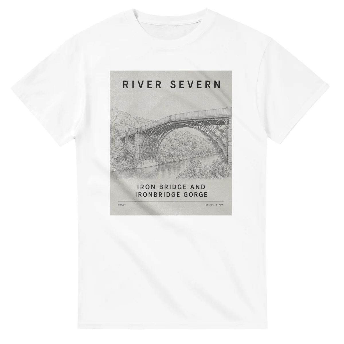 Fine-line engraving-style drawing for River Severn, with a landmark caption and small coordinate text.