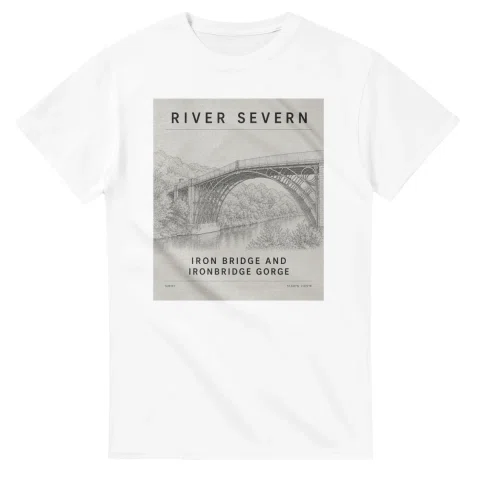 Fine-line engraving-style drawing for River Severn, with a landmark caption and small coordinate text.
