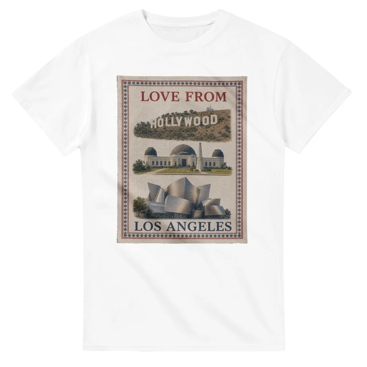 Framed scenic design for Los Angeles, with several local views, a decorative border and LOVE FROM lettering.