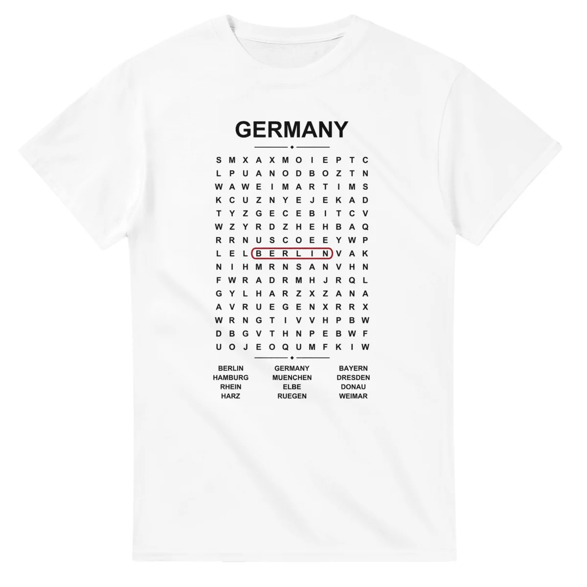 Word-search sheet for Germany, with a large place-name heading, a letter grid, a local answer list, and a red highlighted example word.