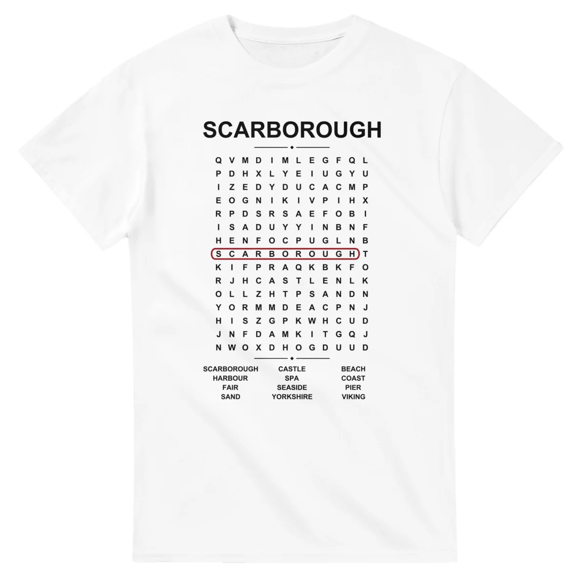 Word-search sheet for Scarborough, with a large place-name heading, a letter grid, a local answer list, and a red highlighted example word.