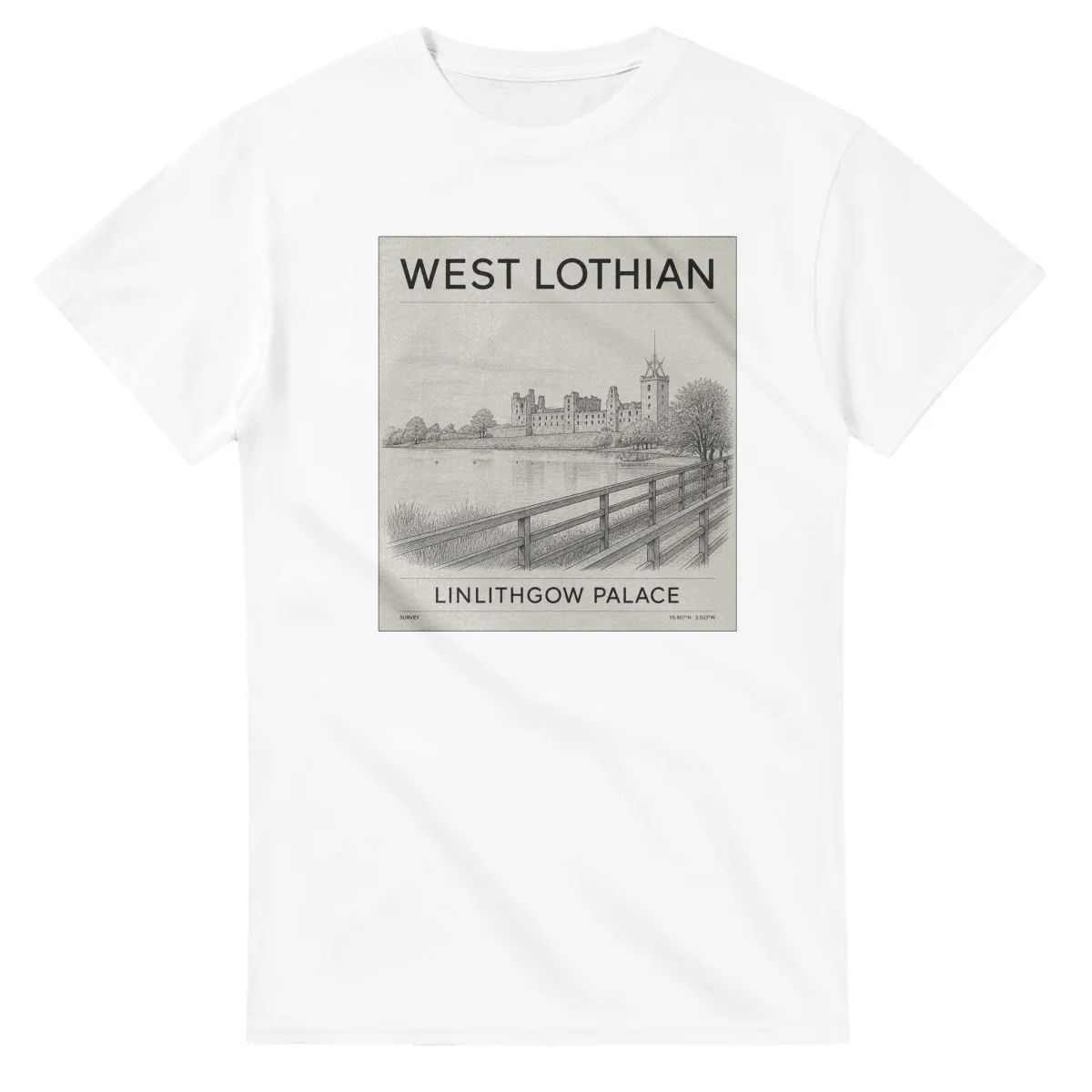 Fine-line engraving-style drawing for West Lothian, with a landmark caption and small coordinate text.