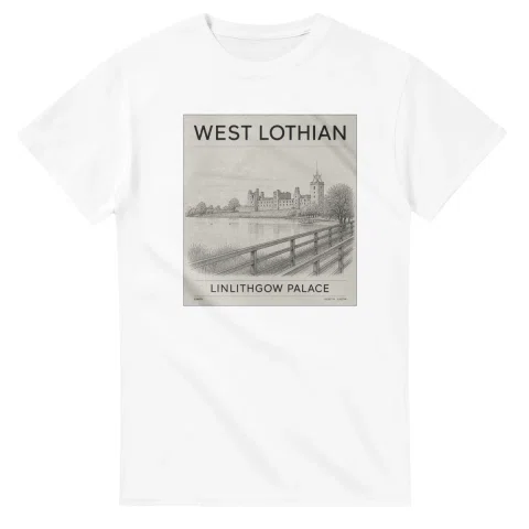 Fine-line engraving-style drawing for West Lothian, with a landmark caption and small coordinate text.