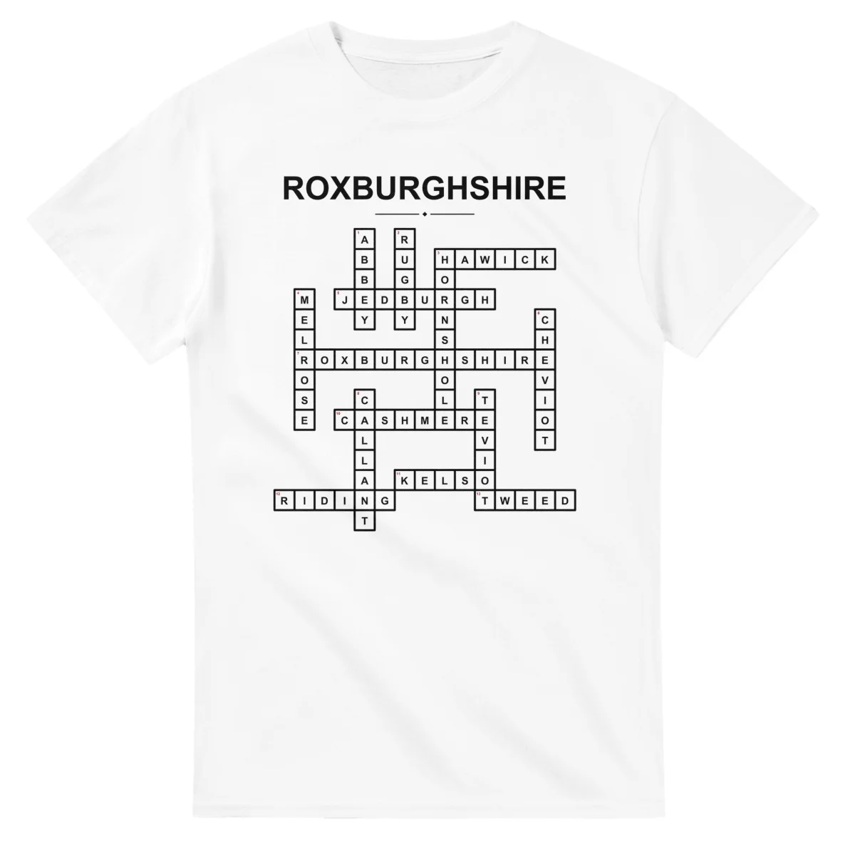 Monochrome crossword sheet for Roxburghshire, with a large place-name heading, a letter grid, and numbered across and down clues.
