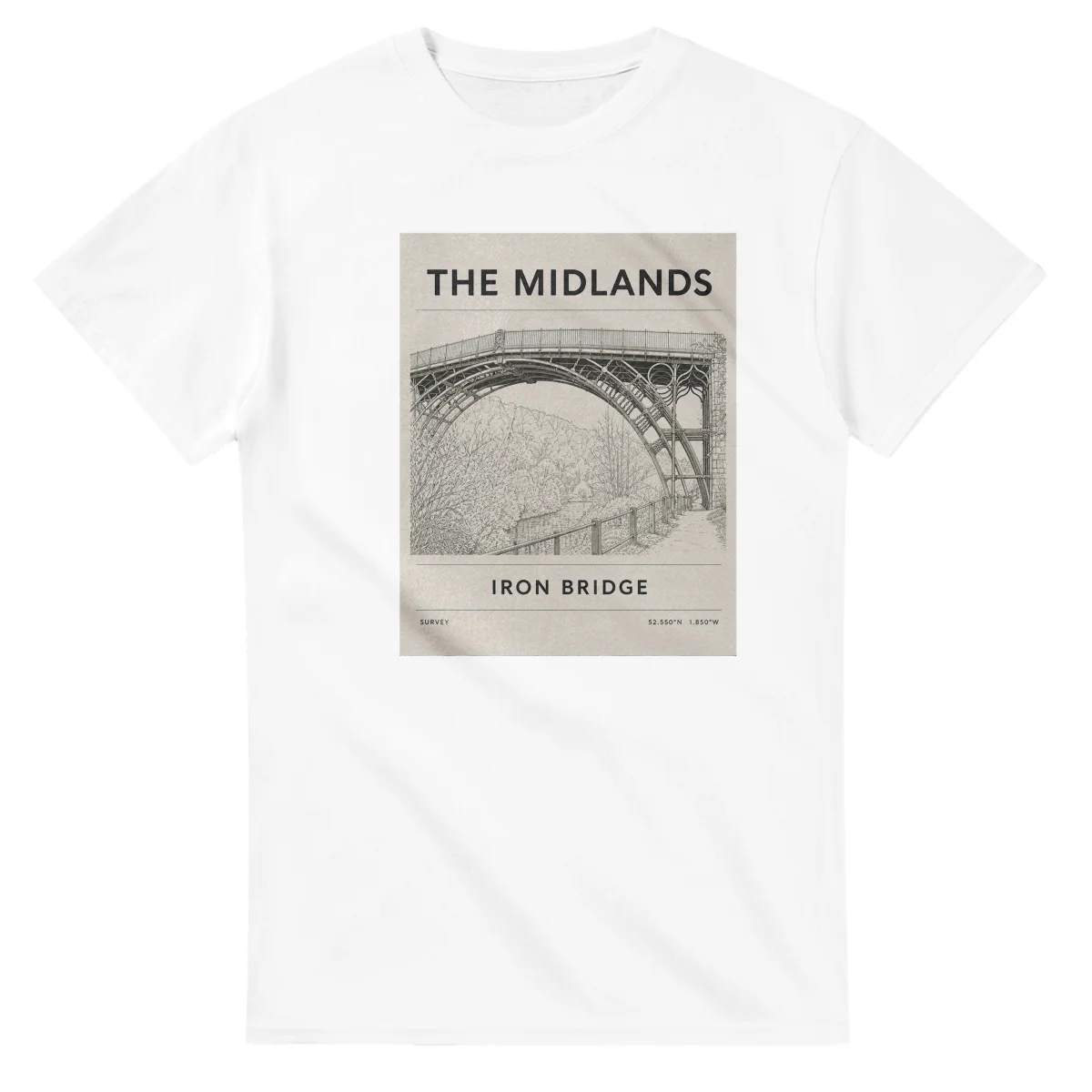 Fine-line engraving-style drawing for The Midlands, with a landmark caption and small coordinate text.