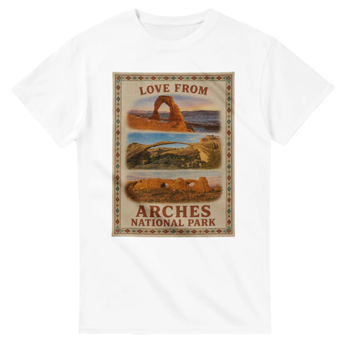 Framed scenic design for Arches National Park, with several local views, a decorative border and LOVE FROM lettering.