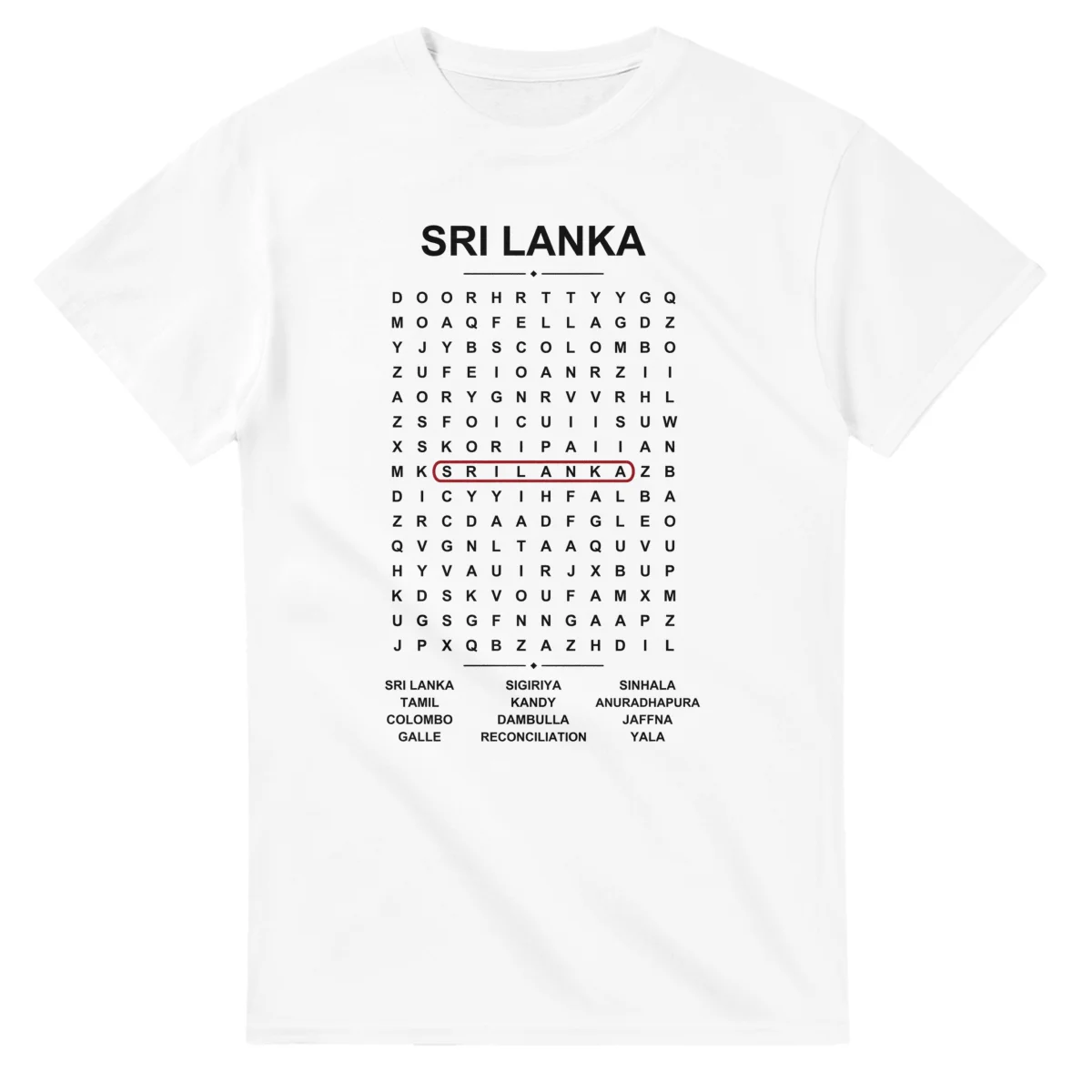 Word-search sheet for Sri Lanka, with a large place-name heading, a letter grid, a local answer list, and a red highlighted example word.
