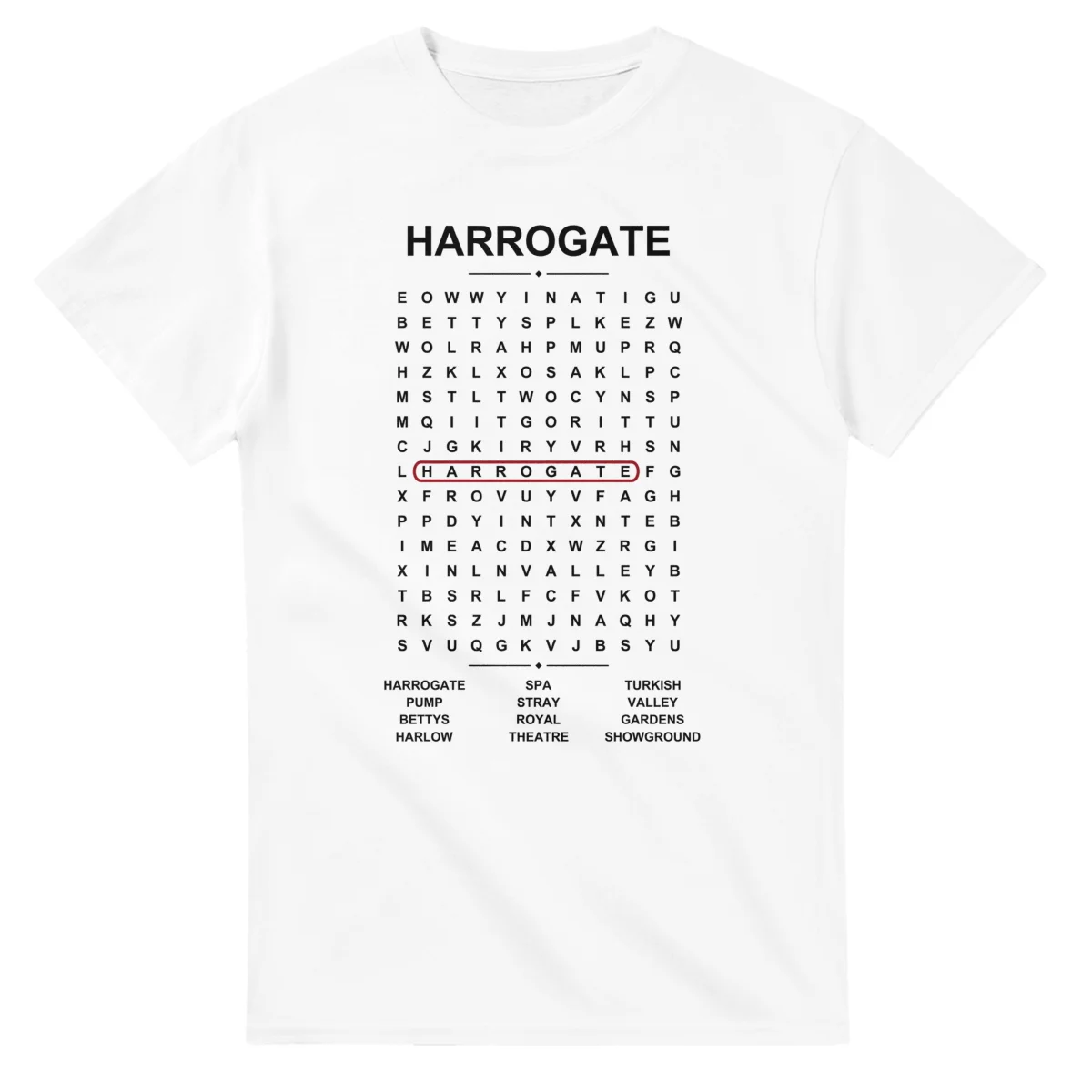 Word-search sheet for Harrogate, with a large place-name heading, a letter grid, a local answer list, and a red highlighted example word.