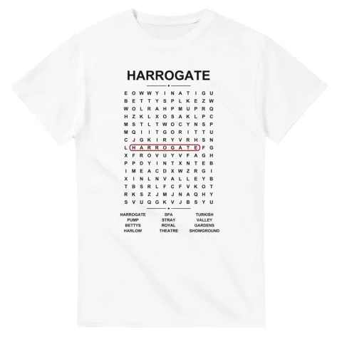 Word-search sheet for Harrogate, with a large place-name heading, a letter grid, a local answer list, and a red highlighted example word.