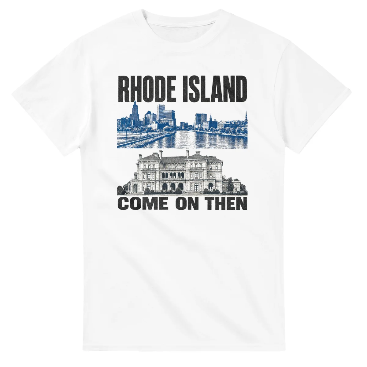 Two-colour scenic illustration for Rhode Island, with the place name and COME ON THEN lettering.