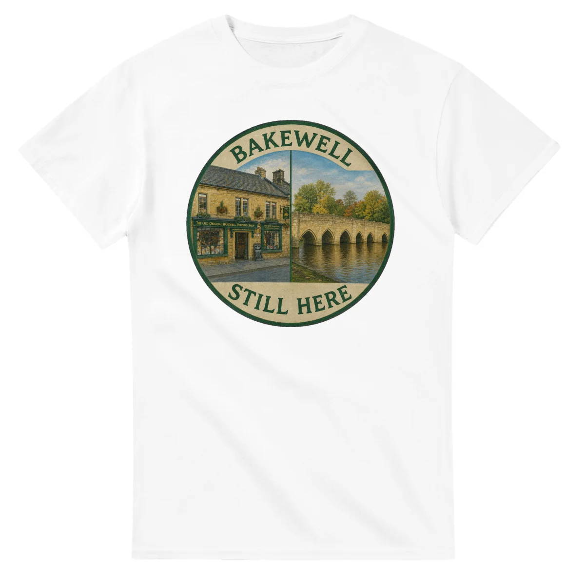 Painted, panelled scenic illustration for Bakewell, with paired local scenes and the place name in lettering.
