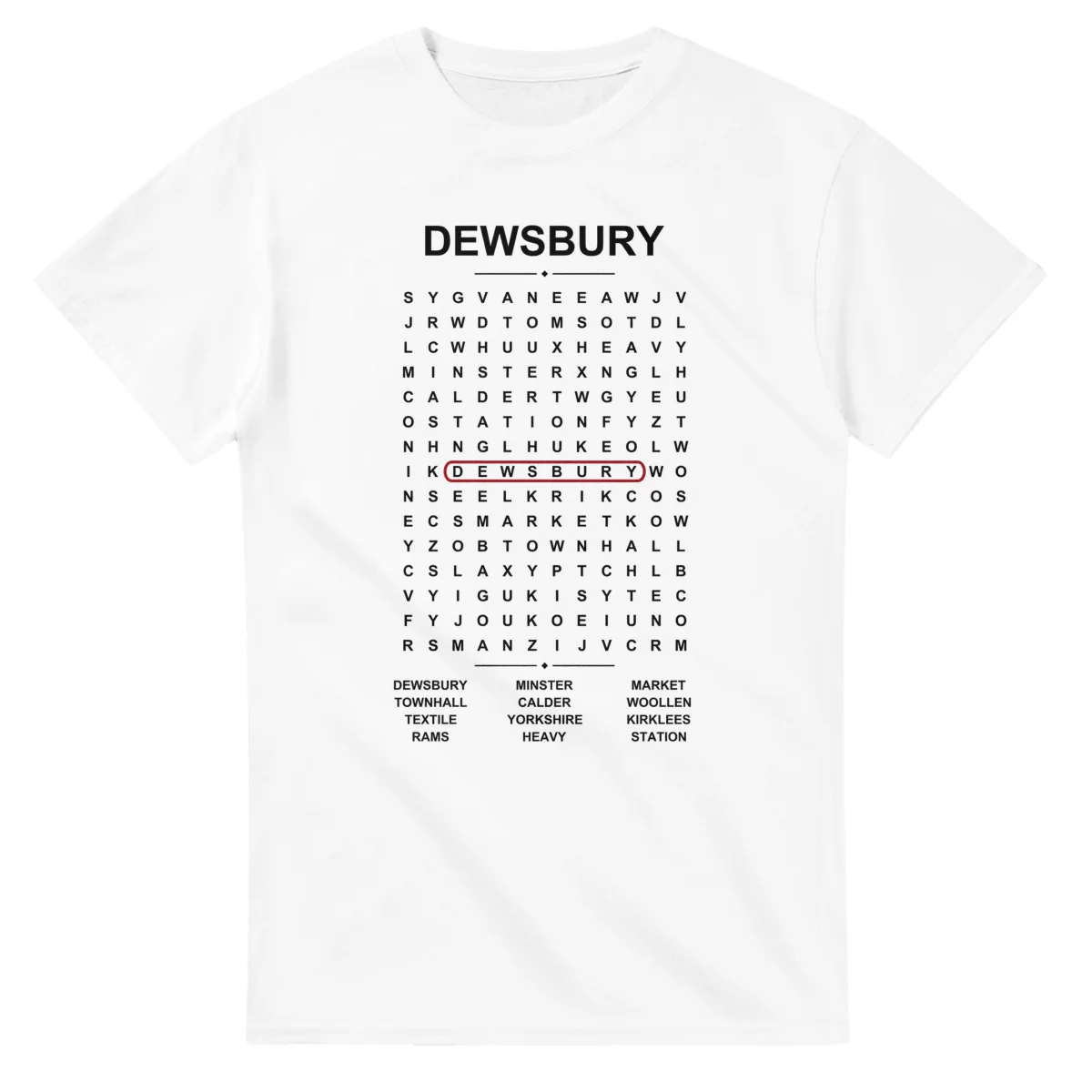 Word-search sheet for Dewsbury, with a large place-name heading, a letter grid, a local answer list, and a red highlighted example word.