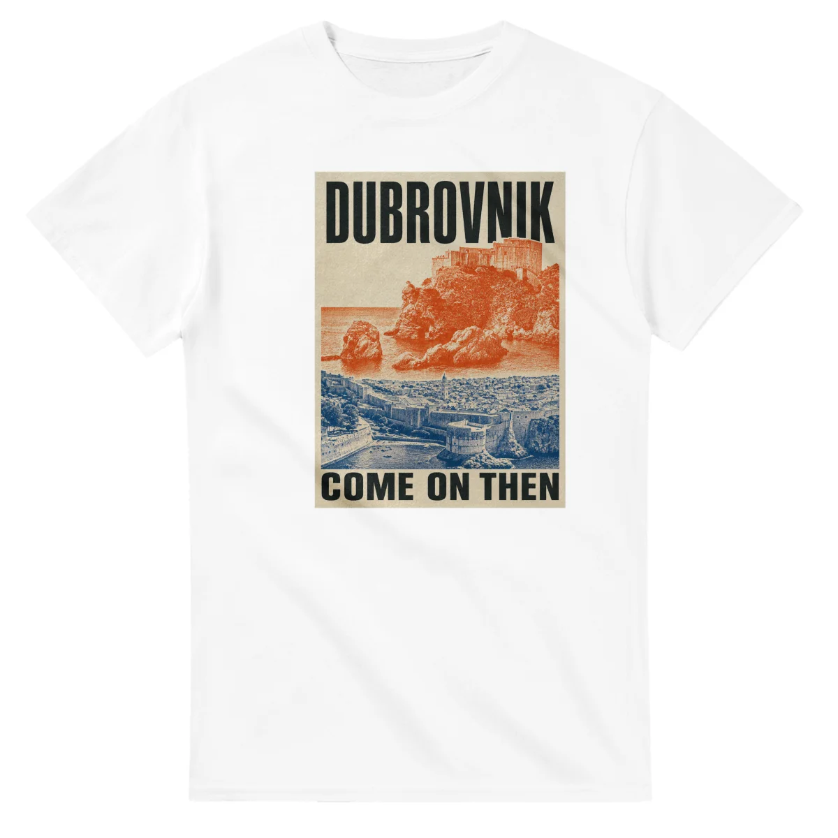 Two-colour scenic illustration for Dubrovnik, with the place name and COME ON THEN lettering.