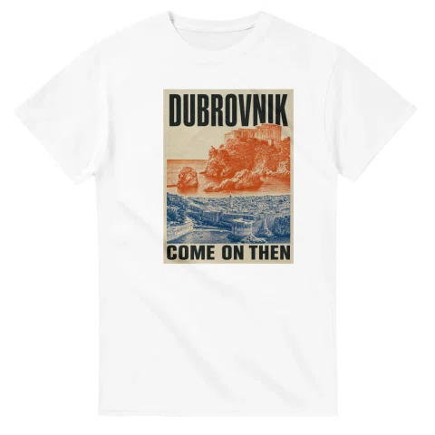 Two-colour scenic illustration for Dubrovnik, with the place name and COME ON THEN lettering.