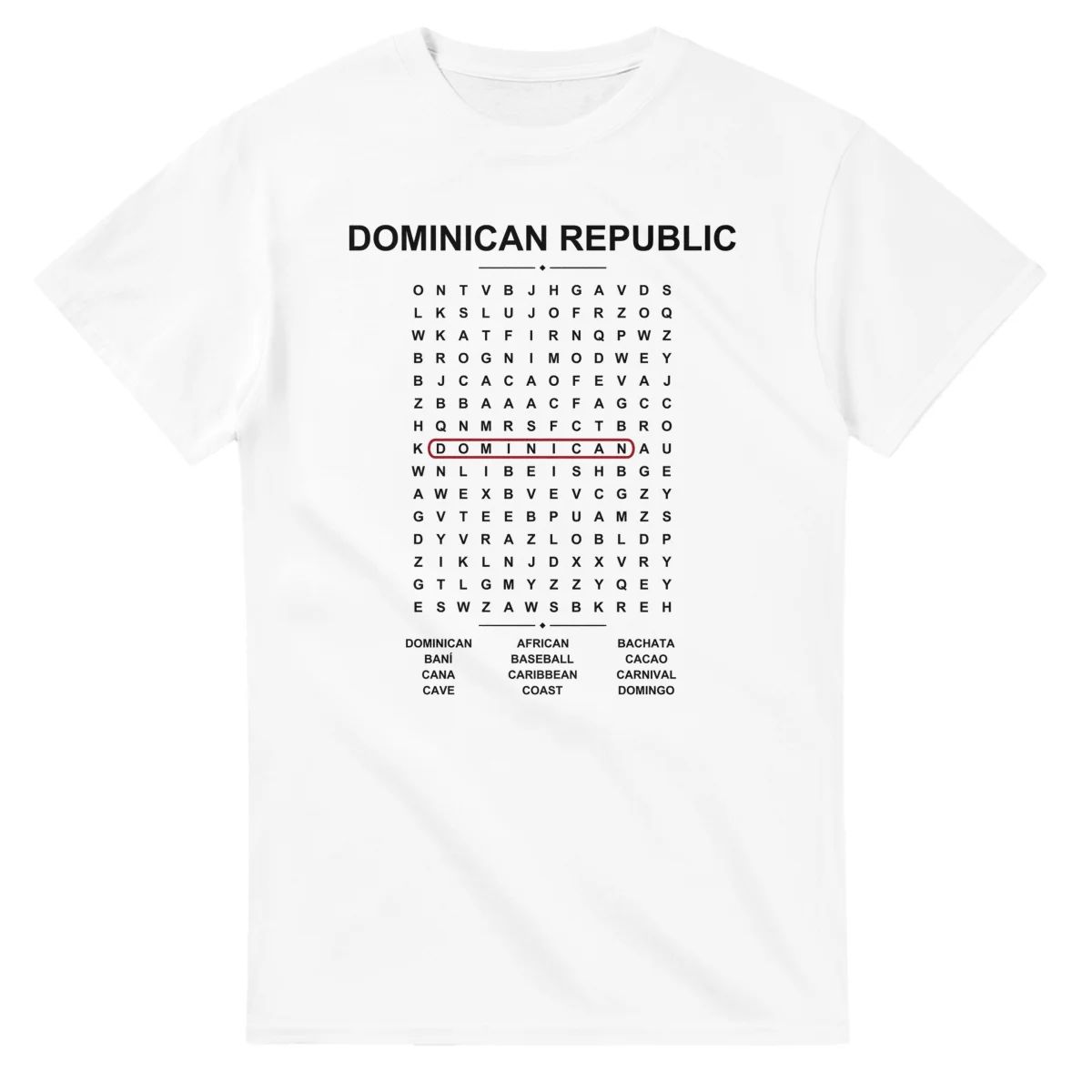 Word-search sheet for Dominican Republic, with a large place-name heading, a letter grid, a local answer list, and a red highlighted example word.