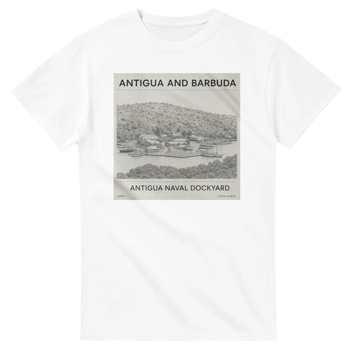 Fine-line engraving-style drawing for Antigua and Barbuda, with a landmark caption and small coordinate text.