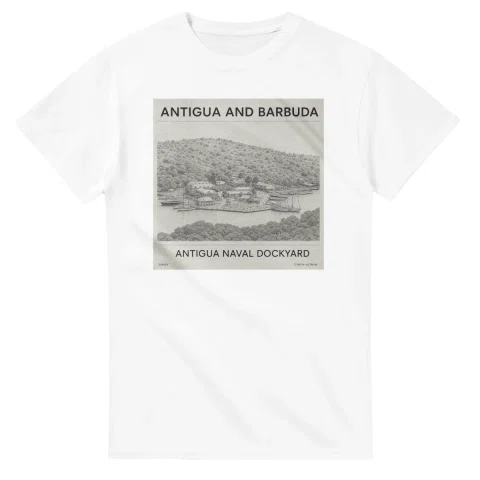 Fine-line engraving-style drawing for Antigua and Barbuda, with a landmark caption and small coordinate text.
