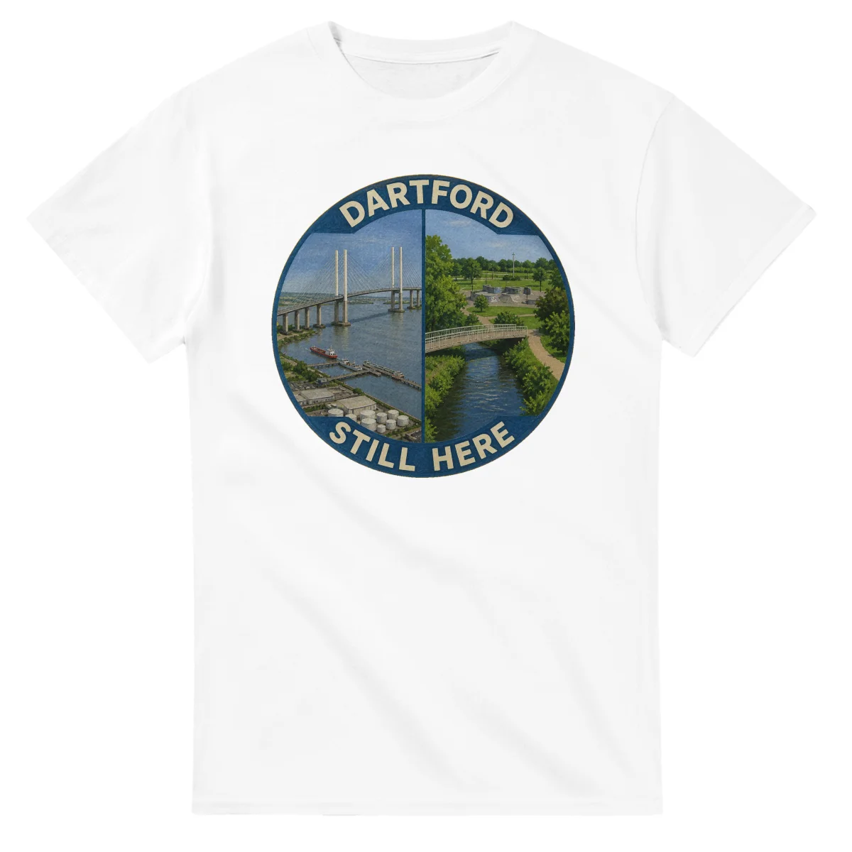 Painted, panelled scenic illustration for Dartford, with paired local scenes and the place name in lettering.