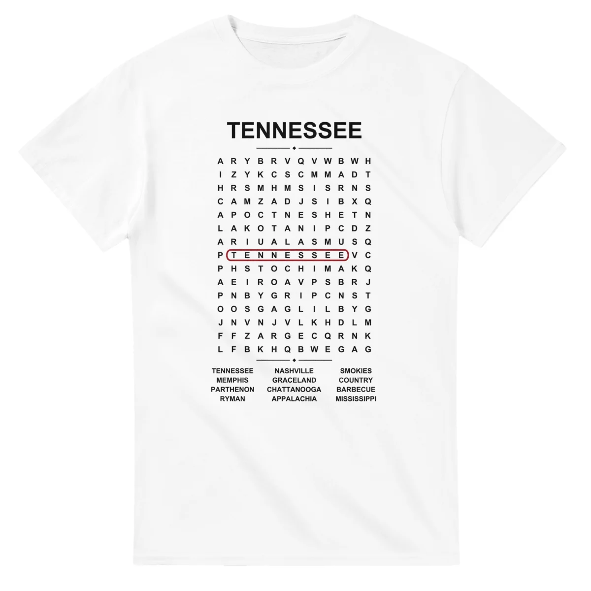 Word-search sheet for Tennessee, with a large place-name heading, a letter grid, a local answer list, and a red highlighted example word.