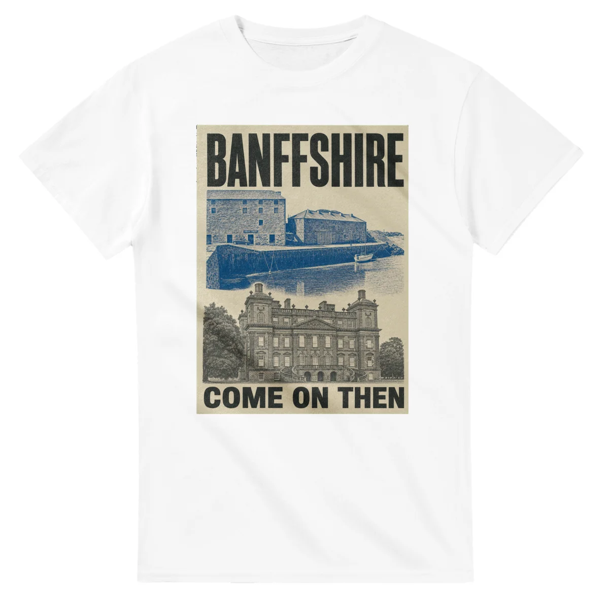 Two-colour scenic illustration for Banffshire, with the place name and COME ON THEN lettering.