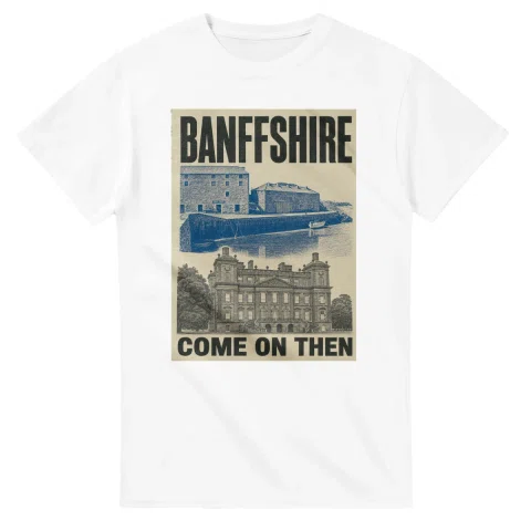 Two-colour scenic illustration for Banffshire, with the place name and COME ON THEN lettering.