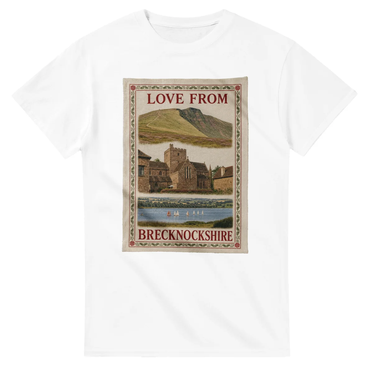 Framed scenic design for Brecknockshire, with several local views, a decorative border and LOVE FROM lettering.