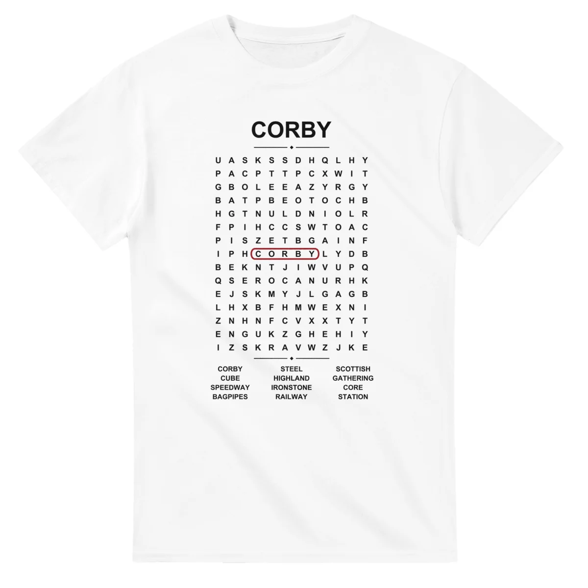 Word-search sheet for Corby, with a large place-name heading, a letter grid, a local answer list, and a red highlighted example word.