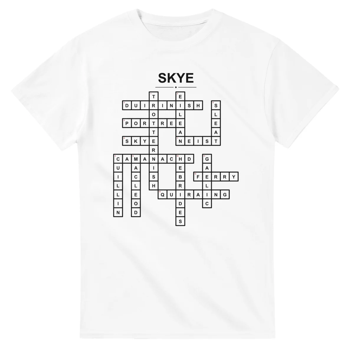 Monochrome crossword sheet for Skye, with a large place-name heading, a letter grid, and numbered across and down clues.