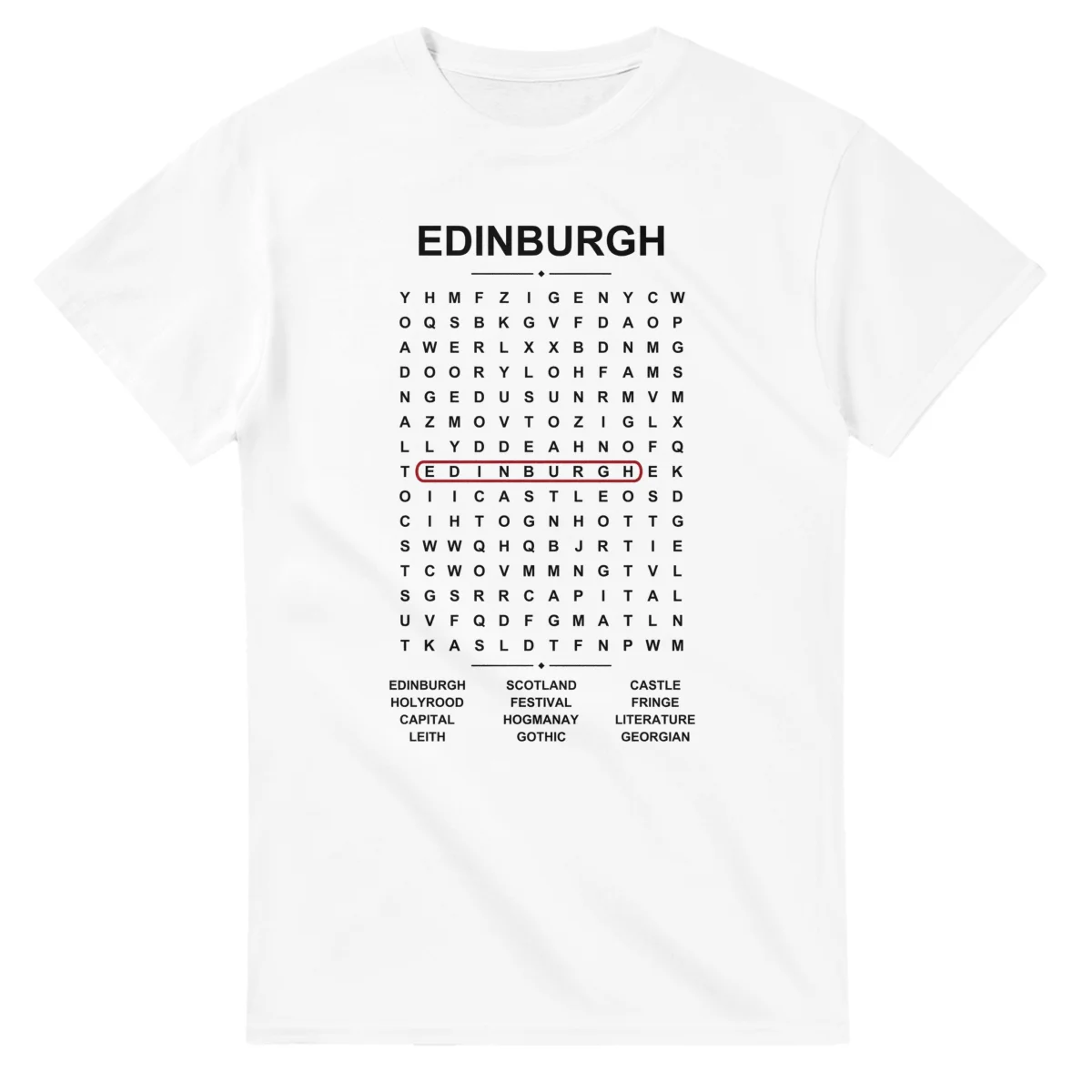Word-search sheet for Edinburgh, with a large place-name heading, a letter grid, a local answer list, and a red highlighted example word.