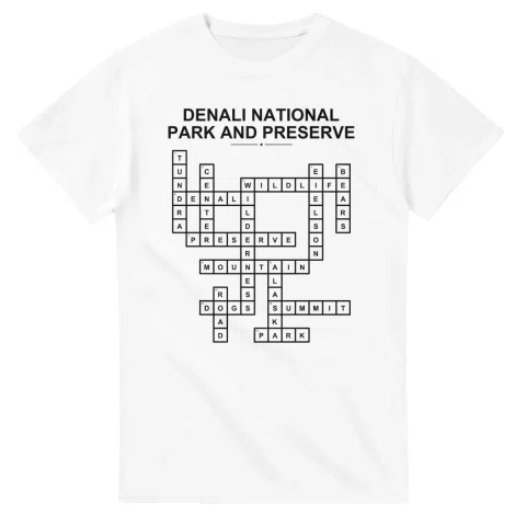 Monochrome crossword sheet for Denali National Park and Preserve, with a large place-name heading, a letter grid, and numbered across and down clues.