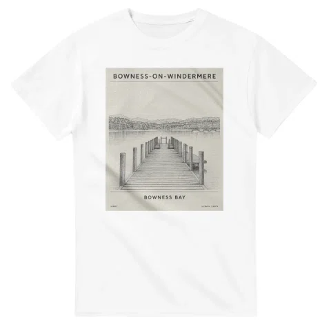 Fine-line engraving-style drawing for Bowness-on-Windermere, with a landmark caption and small coordinate text.