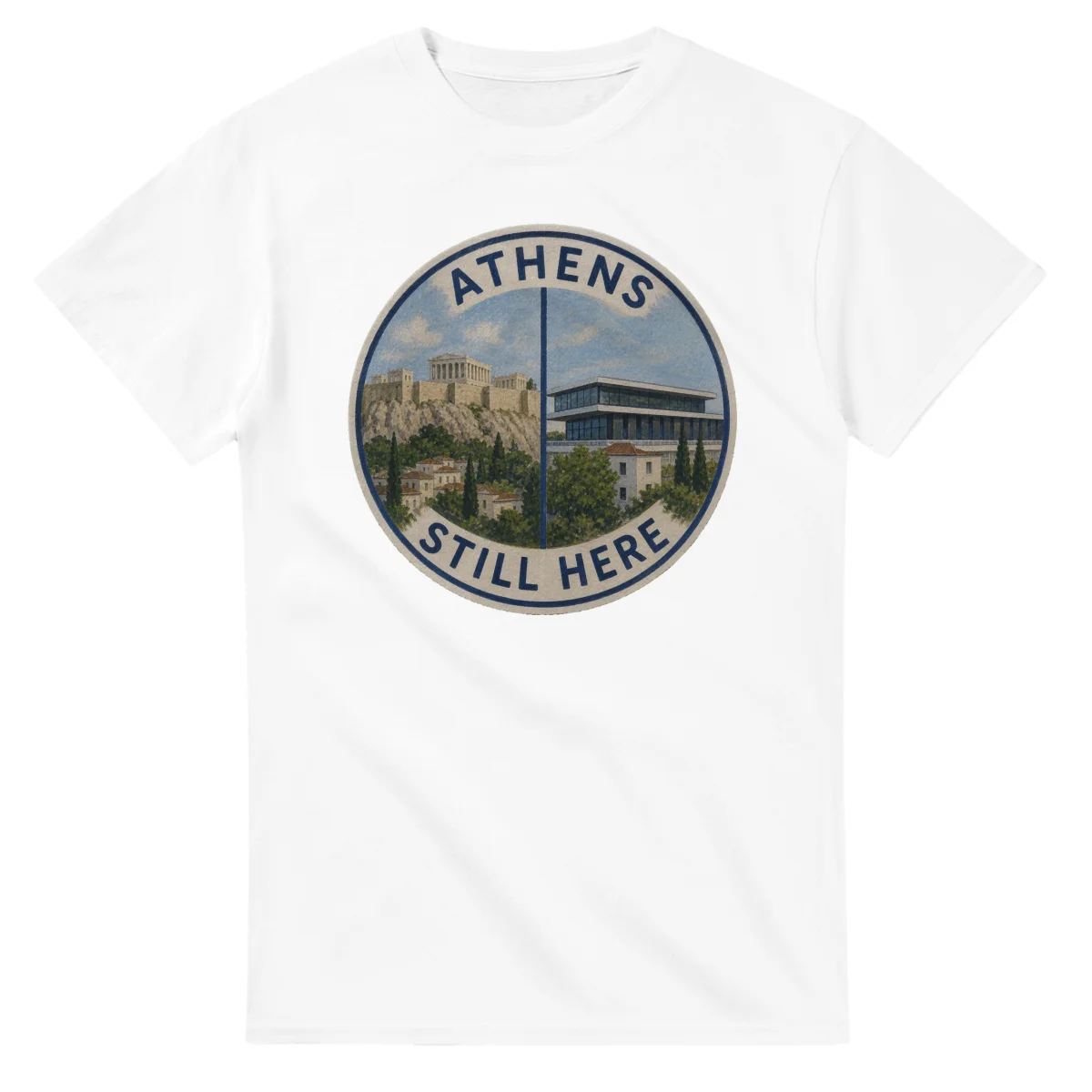 Painted, panelled scenic illustration for Athens, with paired local scenes and the place name in lettering.