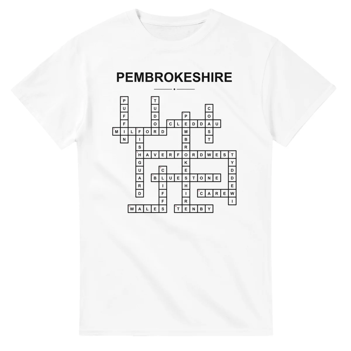 Monochrome crossword sheet for Pembrokeshire, with a large place-name heading, a letter grid, and numbered across and down clues.