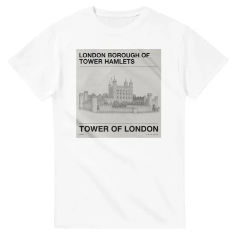 Fine-line engraving-style drawing for London Borough of Tower Hamlets, with a landmark caption and small coordinate text.