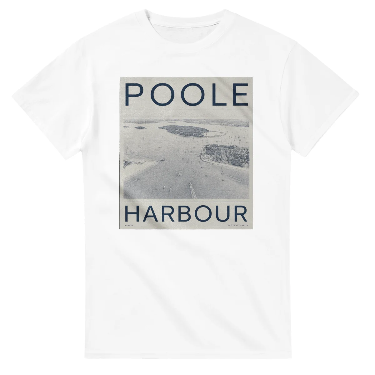 Fine-line engraving-style drawing for Poole, with a landmark caption and small coordinate text.