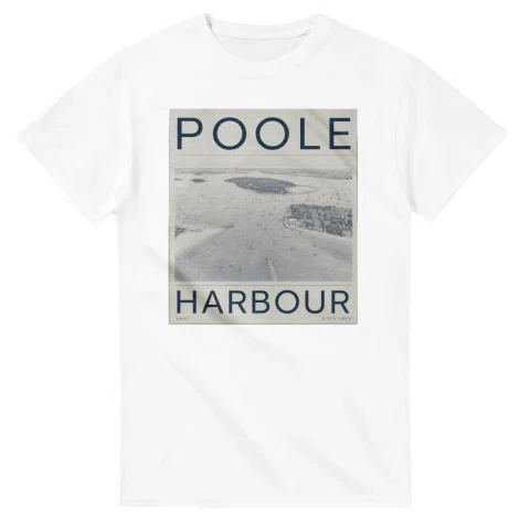 Fine-line engraving-style drawing for Poole, with a landmark caption and small coordinate text.