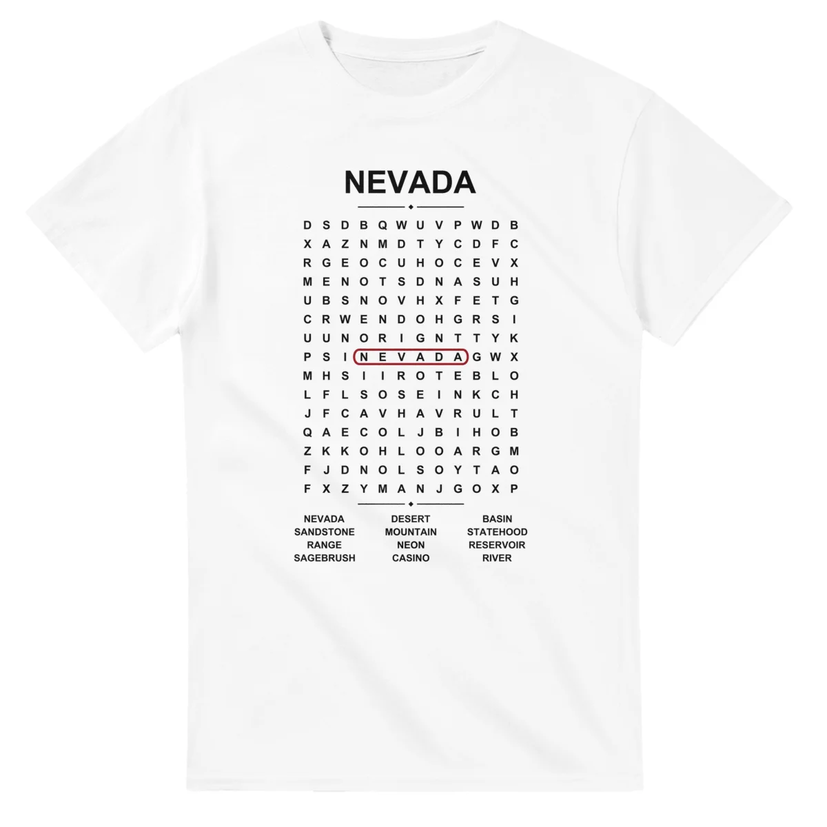 Word-search sheet for Nevada, with a large place-name heading, a letter grid, a local answer list, and a red highlighted example word.