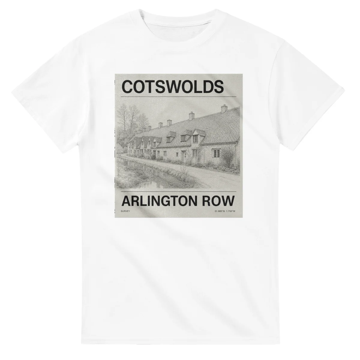 Fine-line engraving-style drawing for Cotswolds, with a landmark caption and small coordinate text.