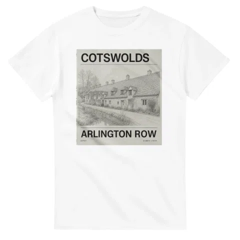 Fine-line engraving-style drawing for Cotswolds, with a landmark caption and small coordinate text.