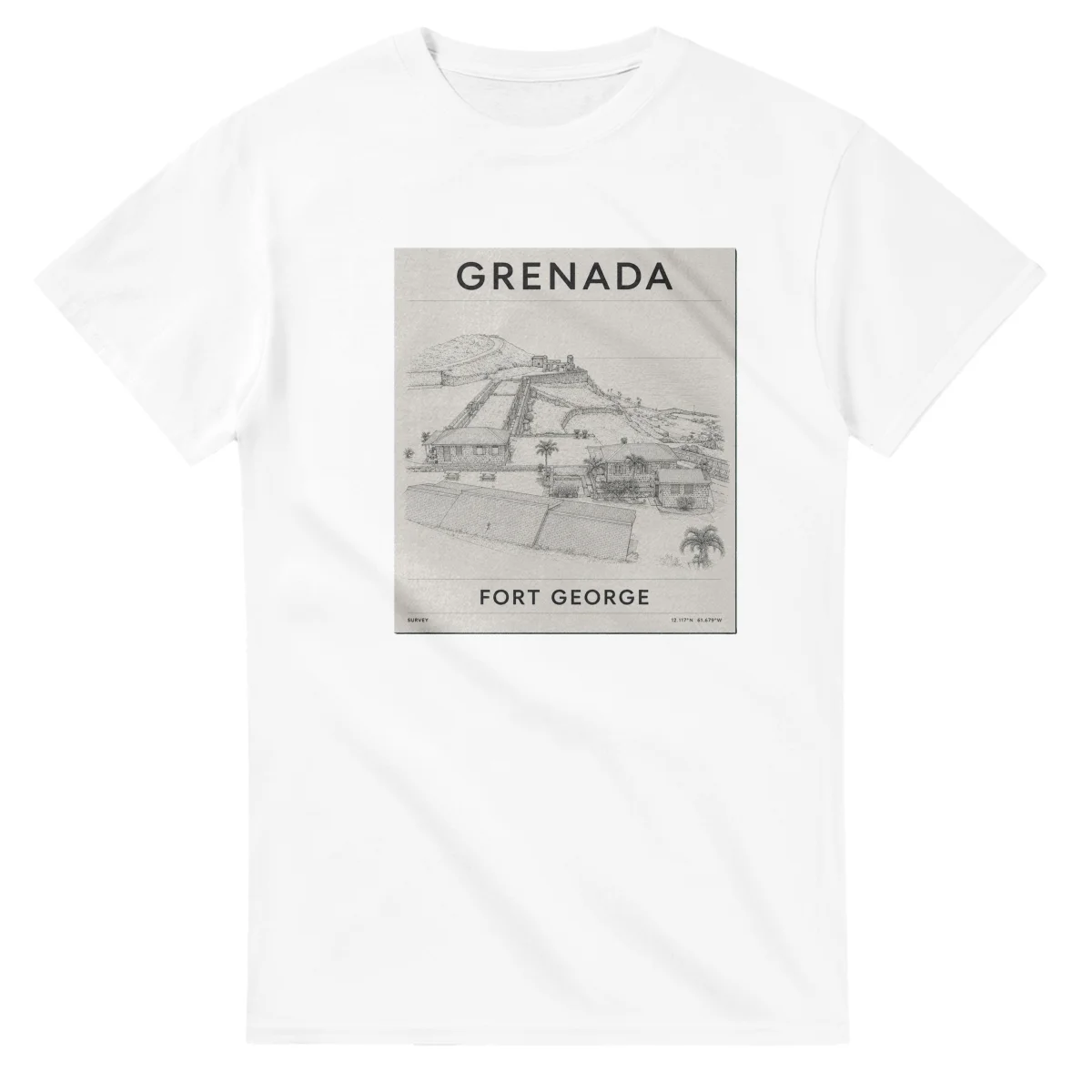 Fine-line engraving-style drawing for Grenada, with a landmark caption and small coordinate text.
