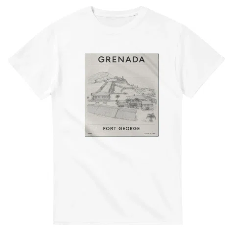 Fine-line engraving-style drawing for Grenada, with a landmark caption and small coordinate text.