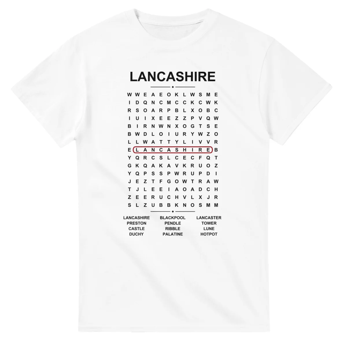 Word-search sheet for Lancashire, with a large place-name heading, a letter grid, a local answer list, and a red highlighted example word.