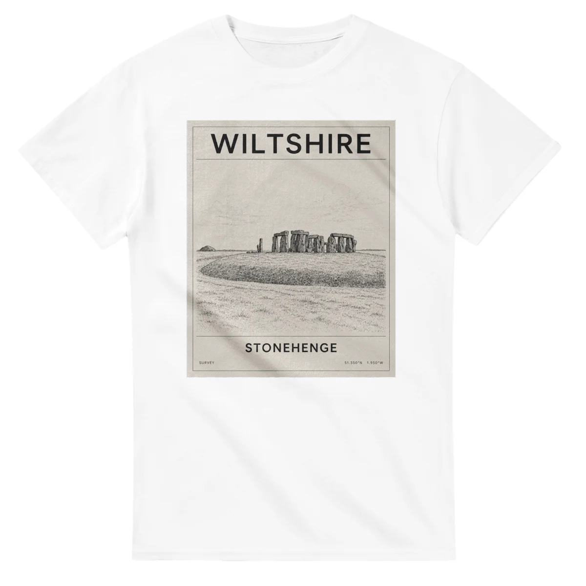 Fine-line engraving-style drawing for Wiltshire, with a landmark caption and small coordinate text.