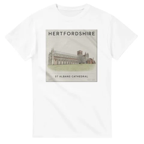 Fine-line engraving-style drawing for Hertfordshire, with a landmark caption and small coordinate text.