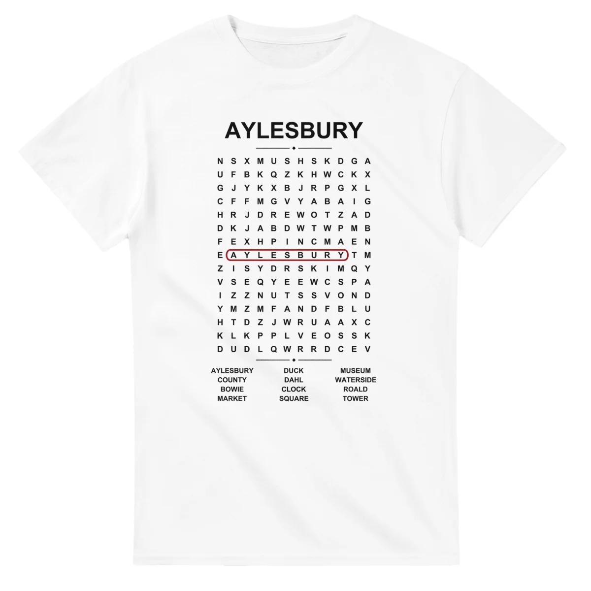 Word-search sheet for Aylesbury, with a large place-name heading, a letter grid, a local answer list, and a red highlighted example word.